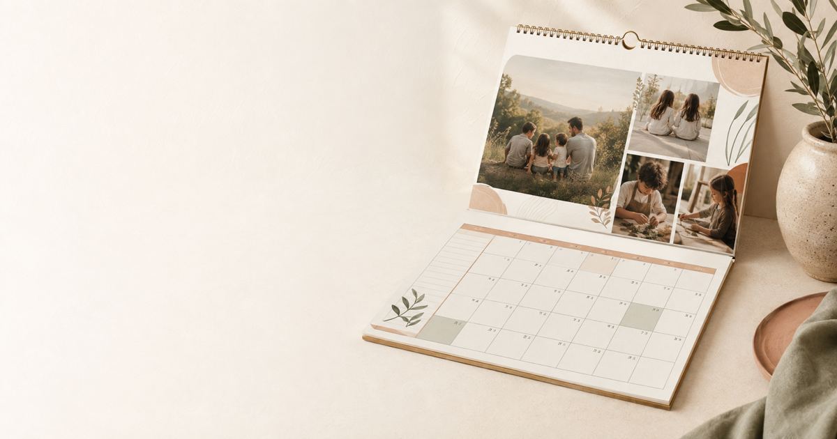 An open printed Wire-O calendar with family photos above a monthly grid